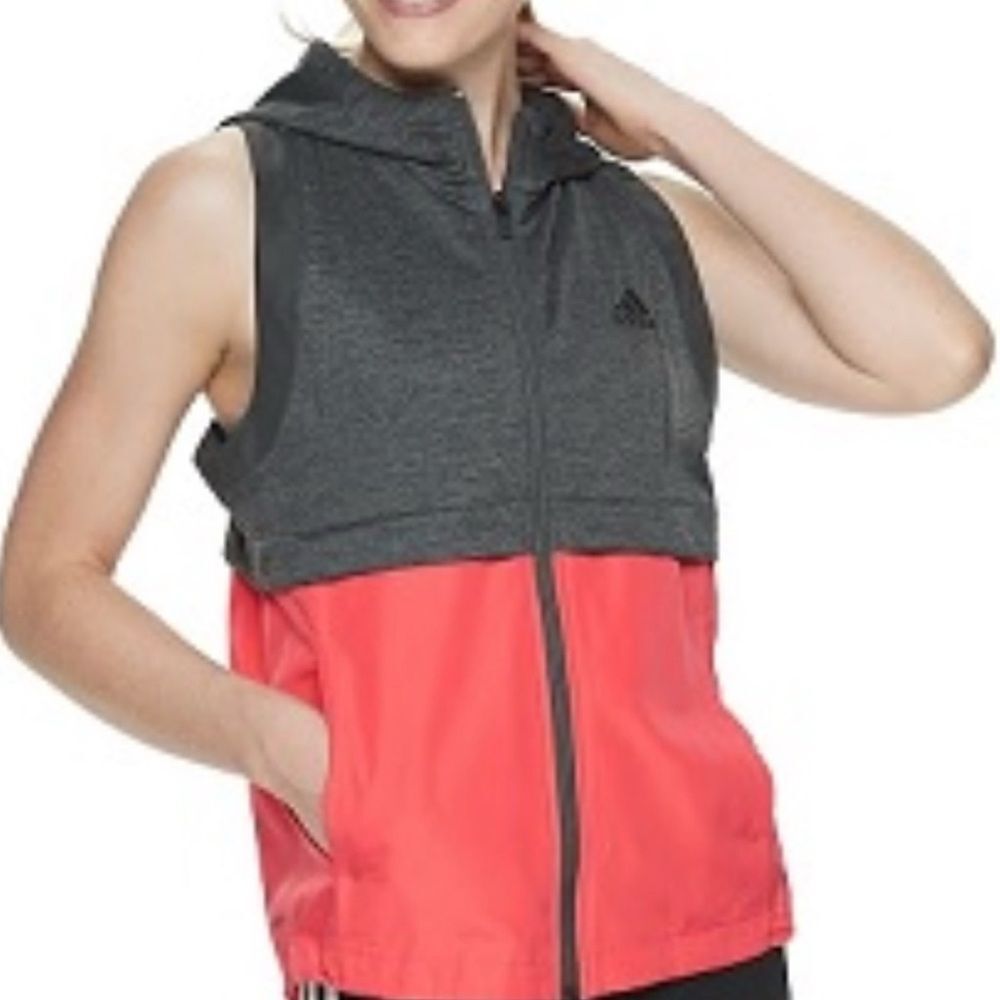 Adidas Lite Hooded Vest Women XS Gray Coral‎ Zip Pockets Colorblock
